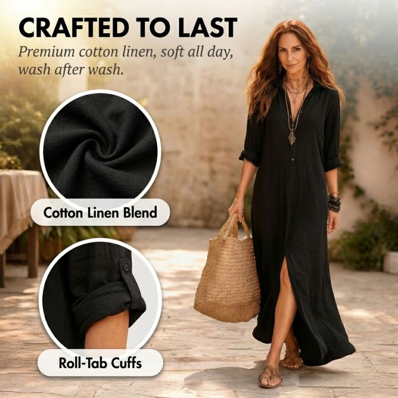 Sandrift™ – Relaxed Cotton Linen Maxi Shirt Dress with Front Slit + 50% OFF