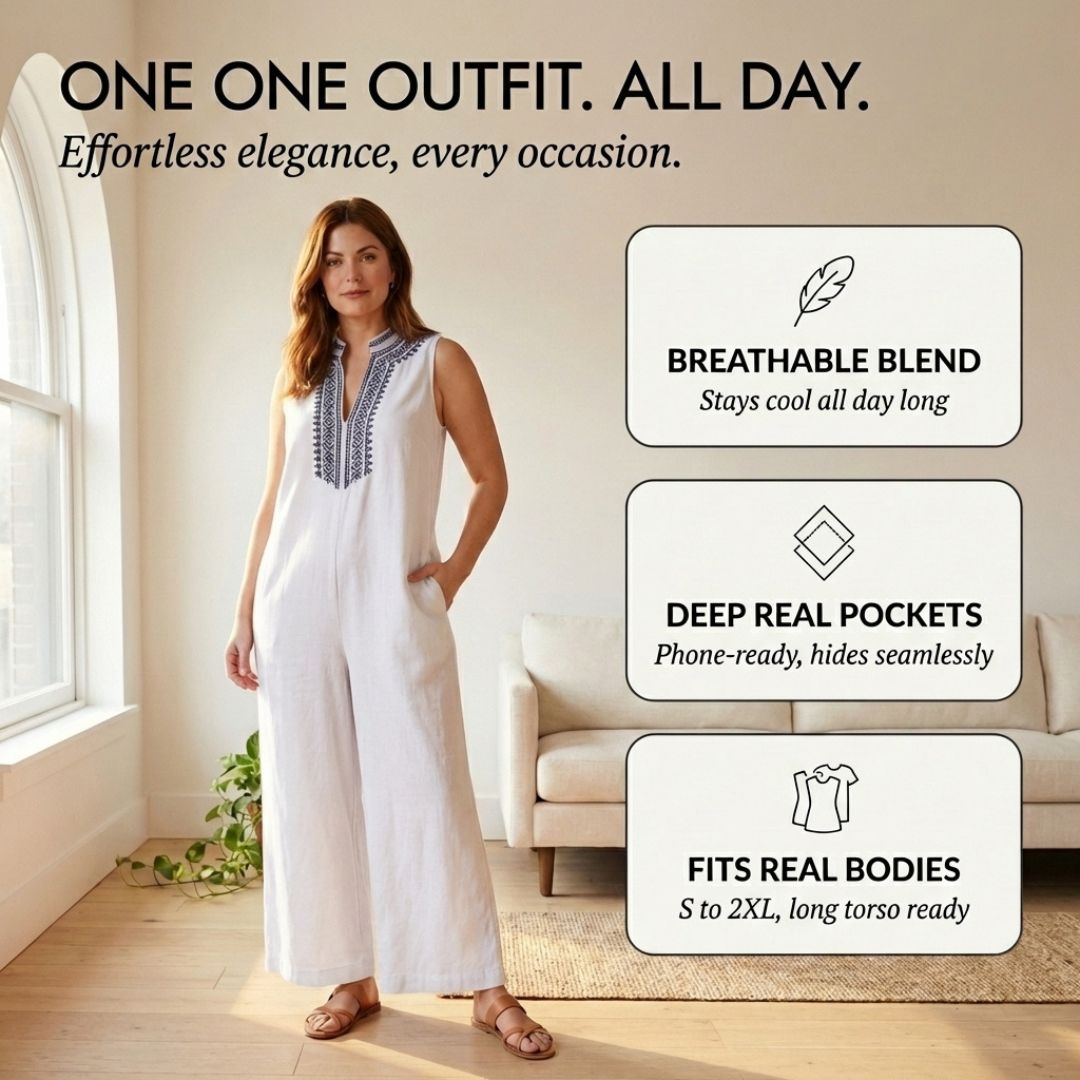 Terraveil™ – Embroidered V-Neck Cotton-Linen Wide-Leg Jumpsuit + 50% OFF