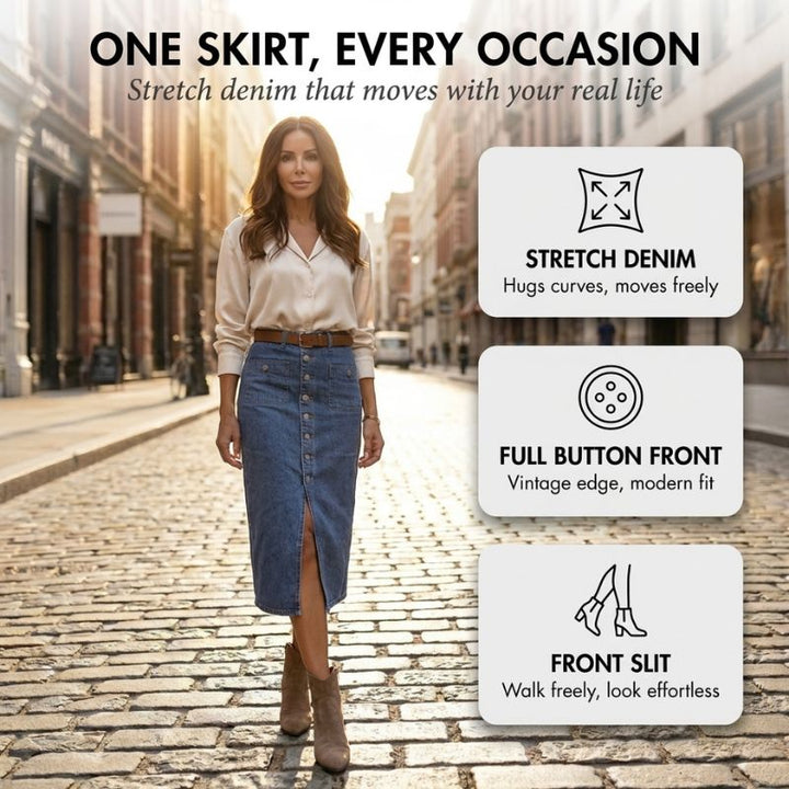 Rovella™ – High-Waist Button-Front Stretch Denim Midi Skirt + 50% OFF