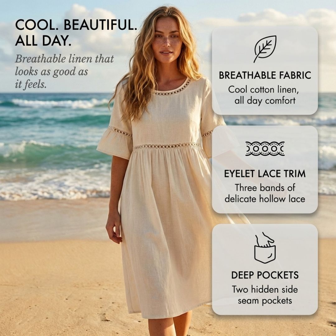 Gossamer™ – Eyelet Lace Cotton Linen Midi Dress with Pockets + 50% OFF