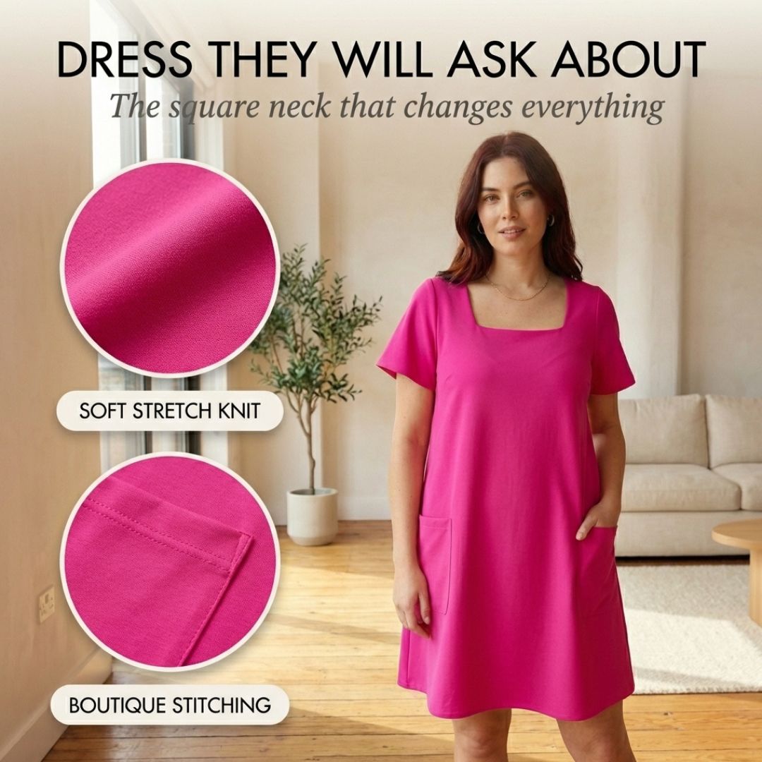 SwayForm™ – Square Neck Loose Fit Short Sleeve Mini Dress with Pockets + 50% OFF