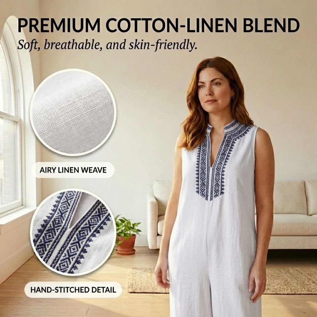 Terraveil™ – Embroidered V-Neck Cotton-Linen Wide-Leg Jumpsuit + 50% OFF