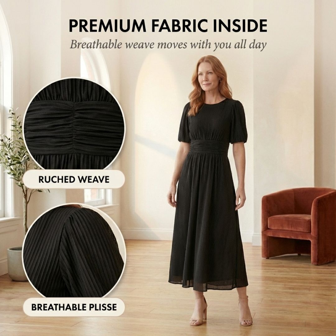 Plissé™ – Ruched Waist Puff Sleeve Midi Dress | V-Neck Flowing Fabric for Women + 50% OFF