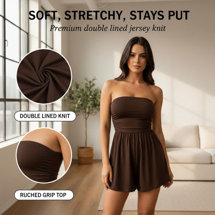 Sway™ – Strapless Ruched Bodice Flowy-Short Romper for Women + 50% OFF