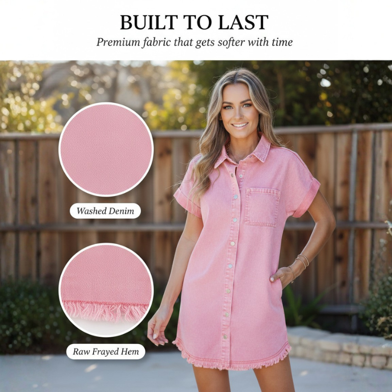 Chambray™ – Soft Washed Denim Button-Down Shirt Dress with Raw Frayed Hem + 50% OFF
