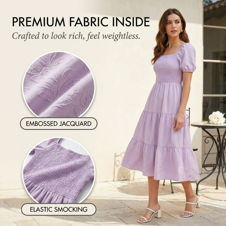 Gossamer™ – Smocked Puff Sleeve Tiered Midi Dress + 50% OFF