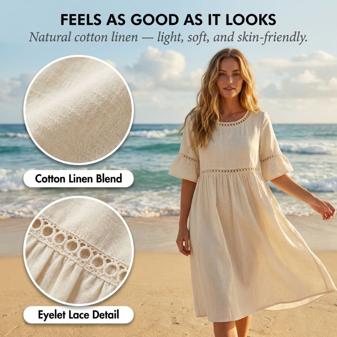 Gossamer™ – Eyelet Lace Cotton Linen Midi Dress with Pockets + 50% OFF