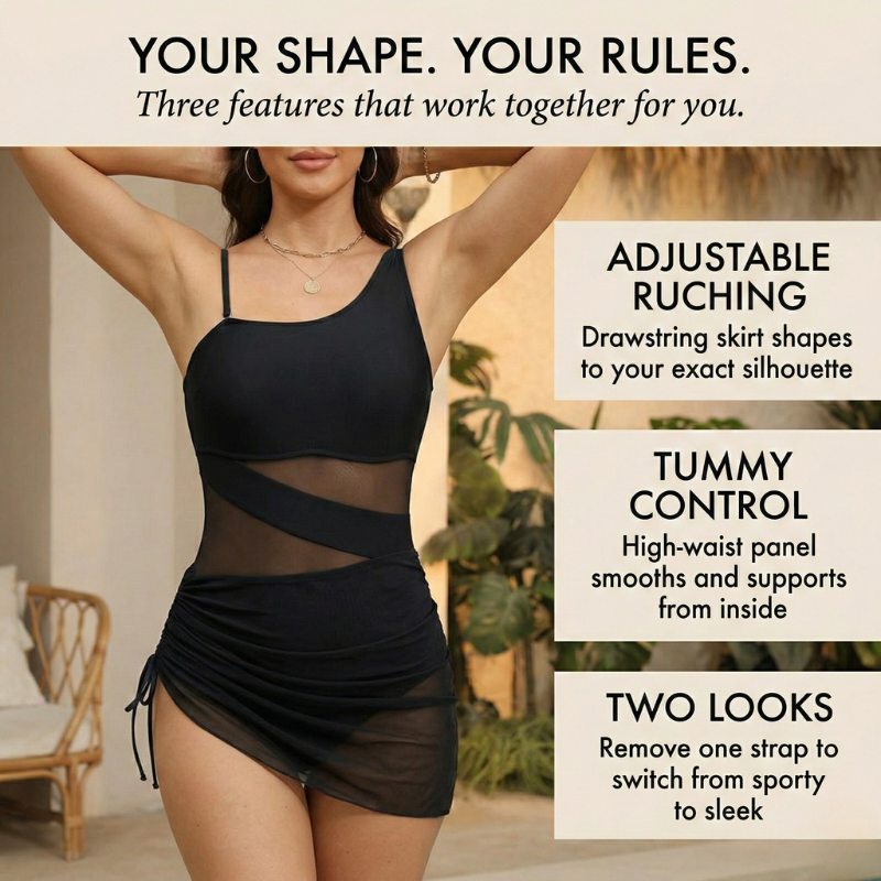Rivèla™ – Ruched Mesh Tummy Control One-Piece Swimdress + 50% OFF