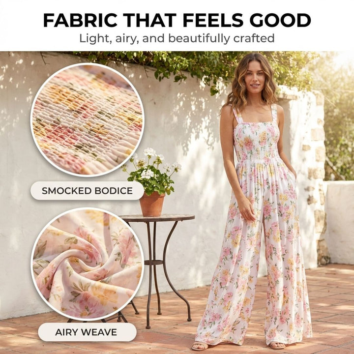 Petalia™ – Smocked Floral Wide-Leg Sleeveless Jumpsuit with Pockets + 50% OFF