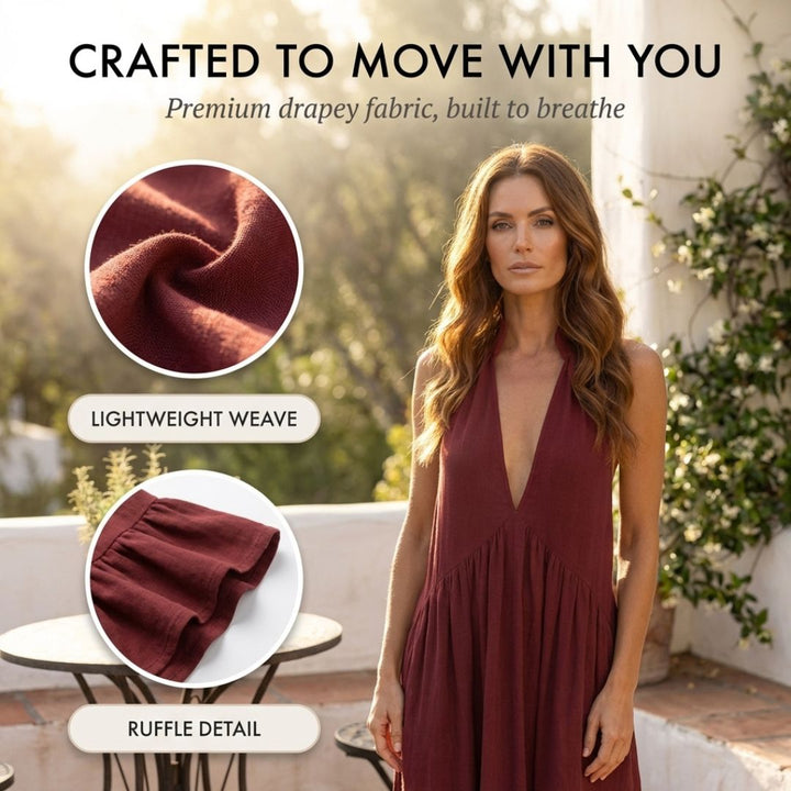 Velune™ – Ruffle Halter Deep V Maxi Dress with Pockets + 50% OFF