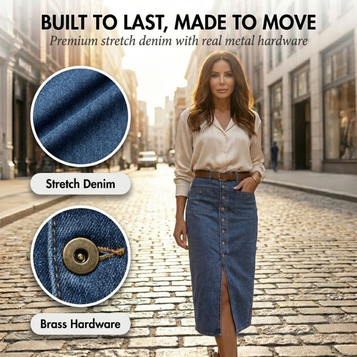Rovella™ – High-Waist Button-Front Stretch Denim Midi Skirt + 50% OFF