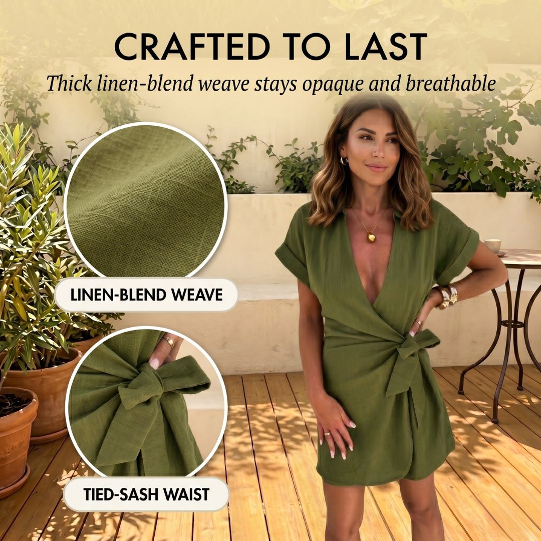 Linara™ – V-Neck Wrap Tied-Waist Linen Romper + 50% OFF