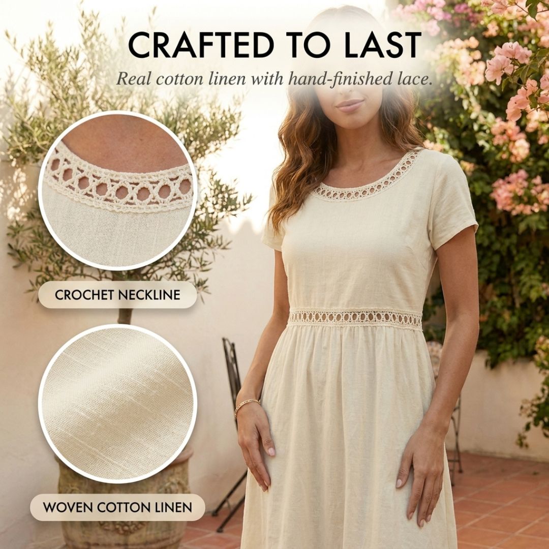 Meadowick™ – Crochet Lace Empire-Waist Cotton Linen Midi Dress + 50% OFF