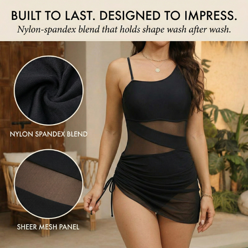 Rivèla™ – Ruched Mesh Tummy Control One-Piece Swimdress + 50% OFF