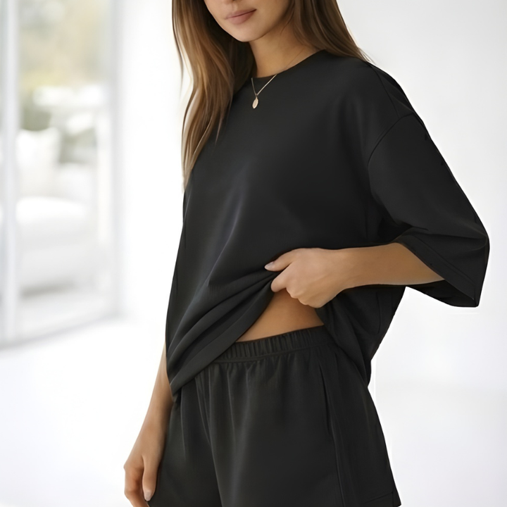 Veluna™ – Soft Oversized 3/4 Sleeve Top &amp; Elastic Waist Shorts Lounge Set + 50% OFF