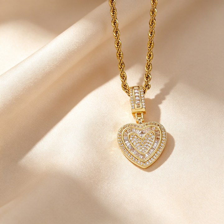 Coeurelle™ – Double Heart Pavé Pendant Necklace with Twisted Rope Chain + 50% OFF