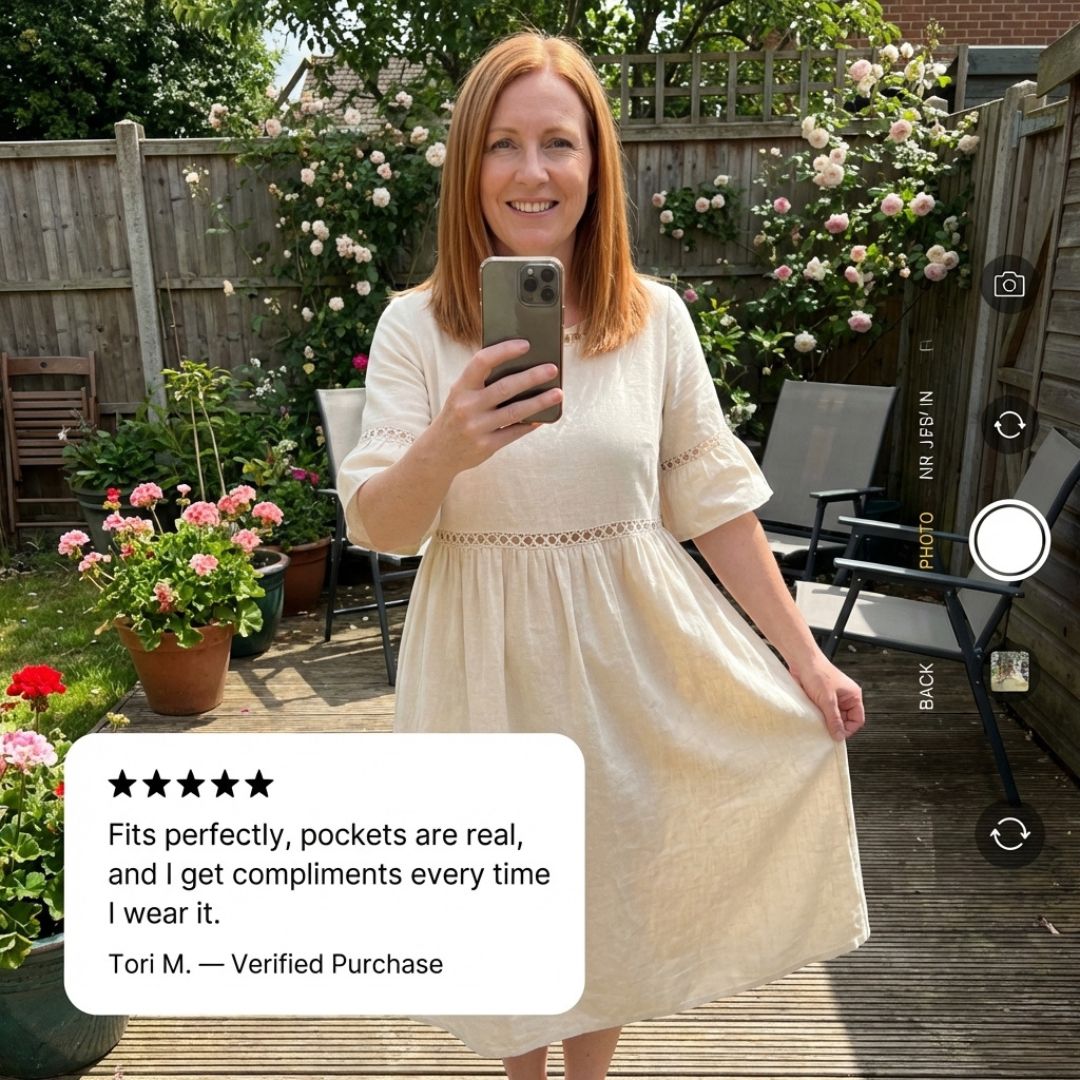 Gossamer™ – Eyelet Lace Cotton Linen Midi Dress with Pockets + 50% OFF