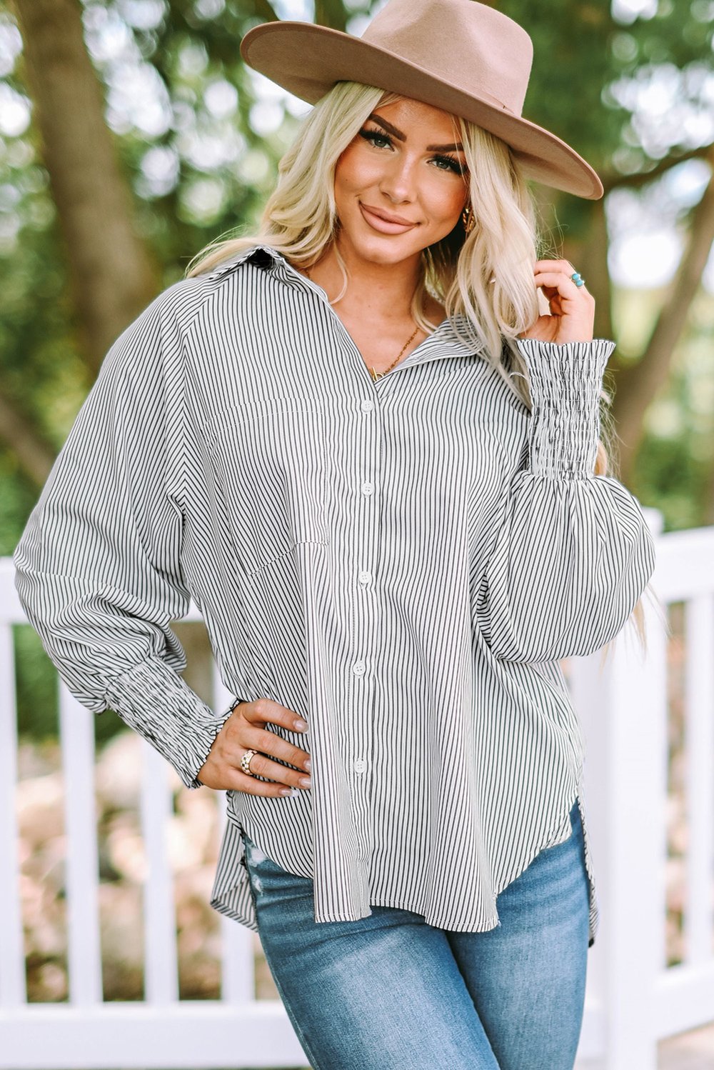 The AuraFlow Striped Lapel Shirt - Oversized Drawdown Sleeves, Mid-Length Fit, + 50% OFF
