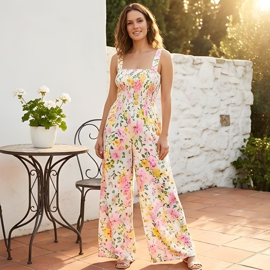 Petalia™ – Smocked Floral Wide-Leg Sleeveless Jumpsuit with Pockets + 50% OFF