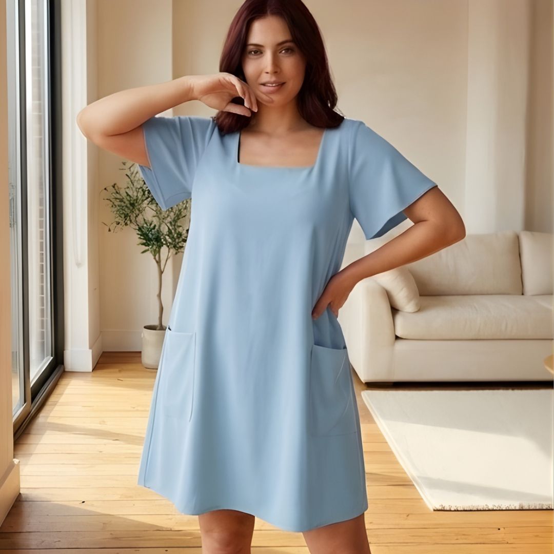 SwayForm™ – Square Neck Loose Fit Short Sleeve Mini Dress with Pockets + 50% OFF