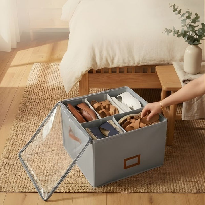 Alcove™ – Foldable Shoe Storage Box with Adjustable Dividers, Dustproof Lid &amp; Handles | Holds 8-16 Pairs + 50% OFF