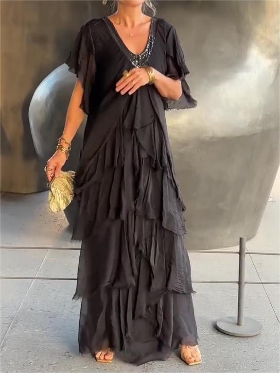 The AuraFlow Maxi Dress - Elegant V-Neck, Tiered Ruffle Skirt, and Off Sale + 50% OFF