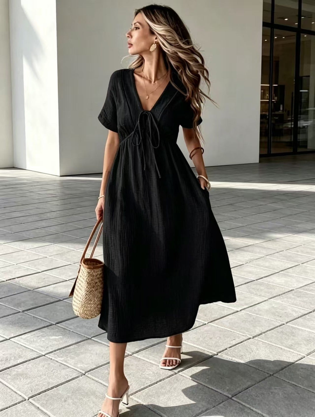 Marindale™ – Crinkle Gauze V-Neck Tie-Detail Midi Dress with Pockets + 50% OFF