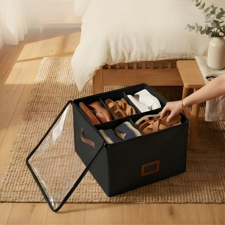 Alcove™ – Foldable Shoe Storage Box with Adjustable Dividers, Dustproof Lid &amp; Handles | Holds 8-16 Pairs + 50% OFF
