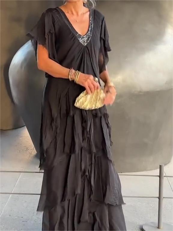 The AuraFlow Maxi Dress - Elegant V-Neck, Tiered Ruffle Skirt, and Off Sale + 50% OFF