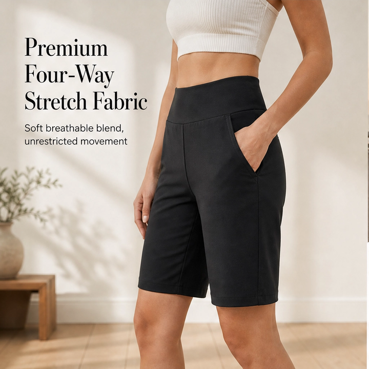 Strydae™ – High-Rise 4-Way Stretch Knee-Length Walking Shorts with Deep Pockets + 50% OFF