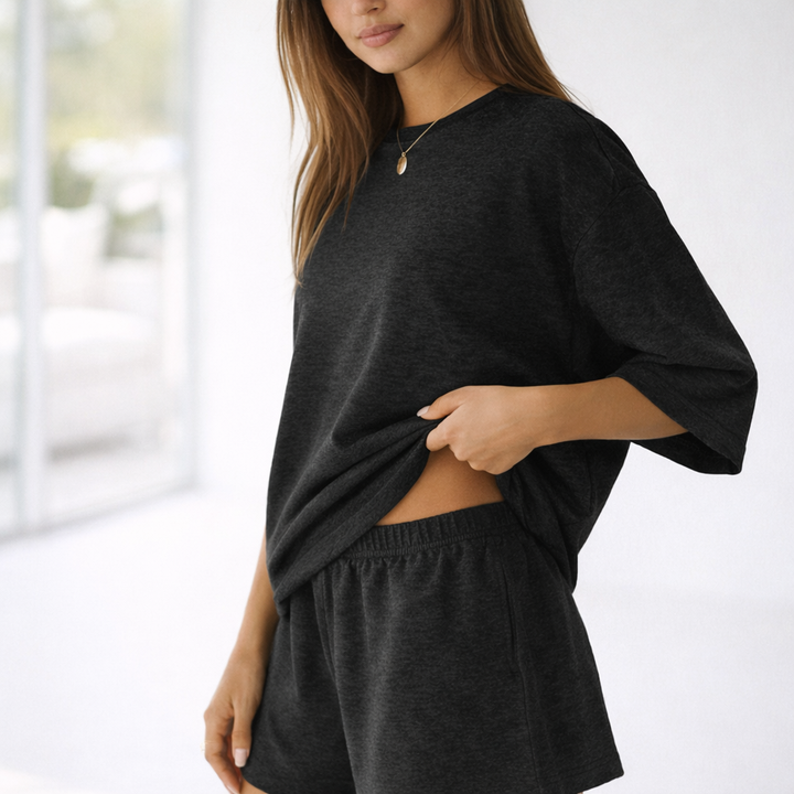Veluna™ – Soft Oversized 3/4 Sleeve Top &amp; Elastic Waist Shorts Lounge Set + 50% OFF
