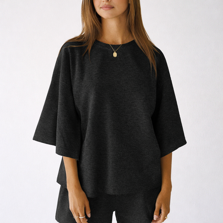Veluna™ – Soft Oversized 3/4 Sleeve Top &amp; Elastic Waist Shorts Lounge Set + 50% OFF