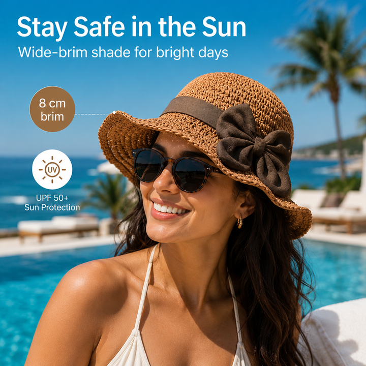 Brimwell™ – Adjustable Wide-Brim Packable Straw Sun Hat with Bow + 50% OFF