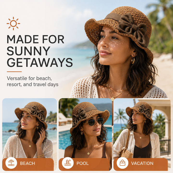 Brimwell™ – Adjustable Wide-Brim Packable Straw Sun Hat with Bow + 50% OFF
