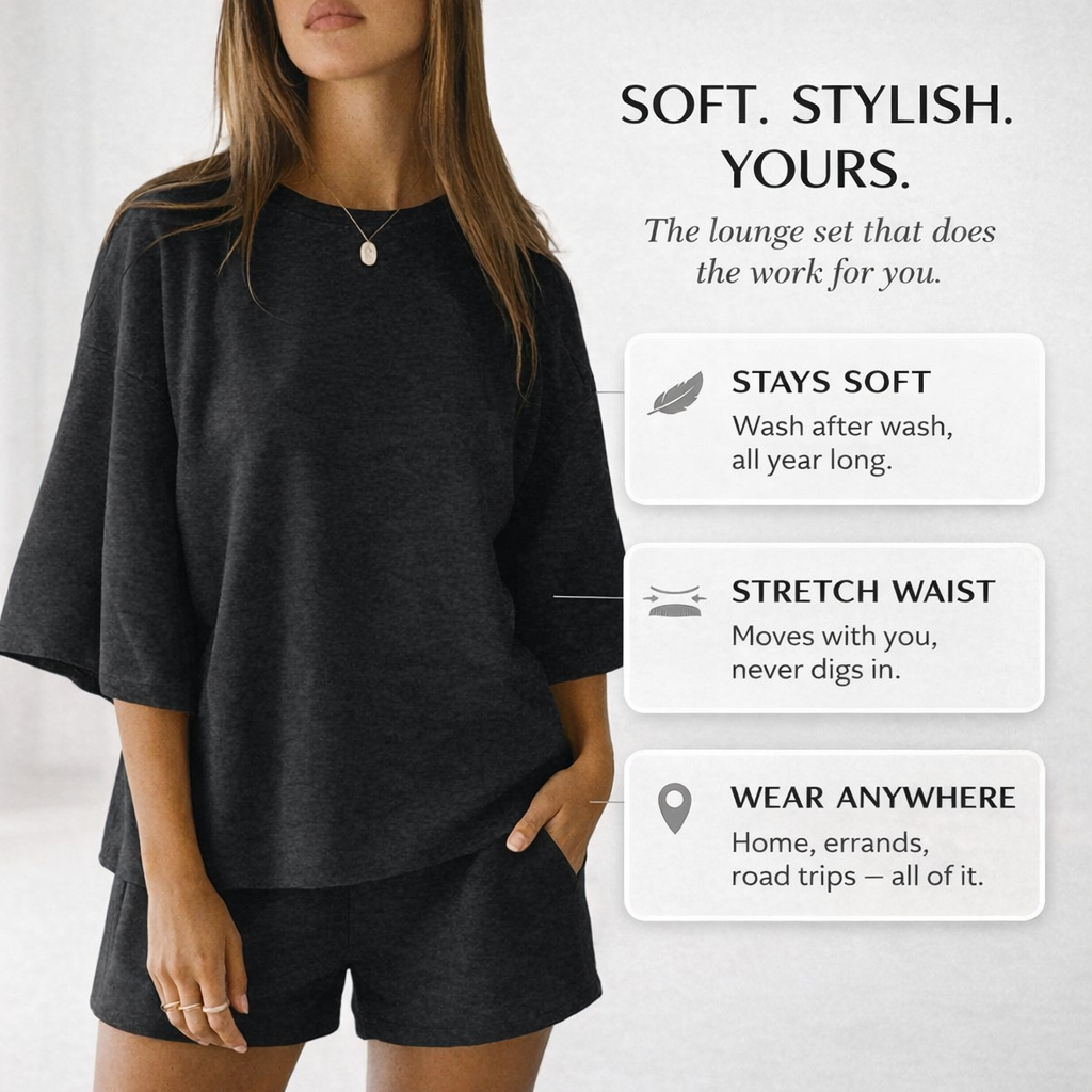 Veluna™ – Soft Oversized 3/4 Sleeve Top &amp; Elastic Waist Shorts Lounge Set + 50% OFF