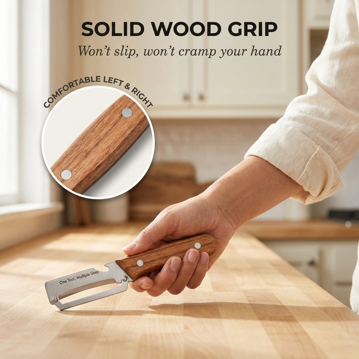 Whetstone™ – Stainless Steel Multi-Use Peeler with Wooden Handle &amp; Built-In Bottle Opener + 50% OFF