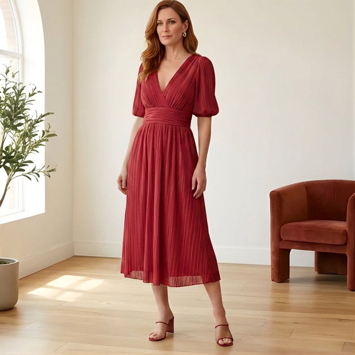 Plissé™ – Ruched Waist Puff Sleeve Midi Dress | V-Neck Flowing Fabric for Women + 50% OFF