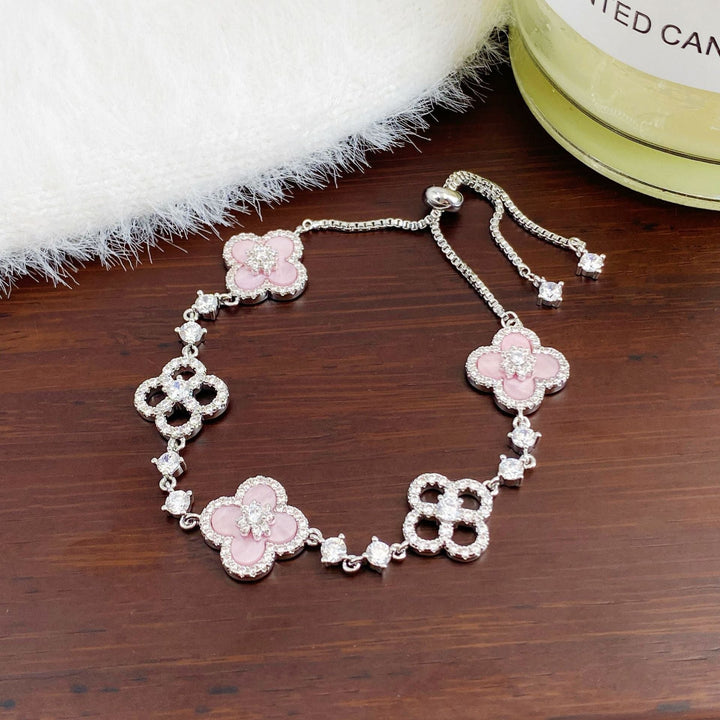 Cherry Blossom Four-Leaf Clover Bracelet – Dainty Diamond-Inspired Charm Jewelry - 50% OFF