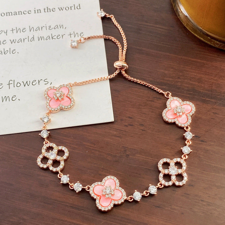 Cherry Blossom Four-Leaf Clover Bracelet – Dainty Diamond-Inspired Charm Jewelry - 50% OFF