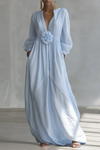 Seraline™ – Deep V-Neck 3D Floral Crinkle Maxi Dress with Pockets + 50% OFF