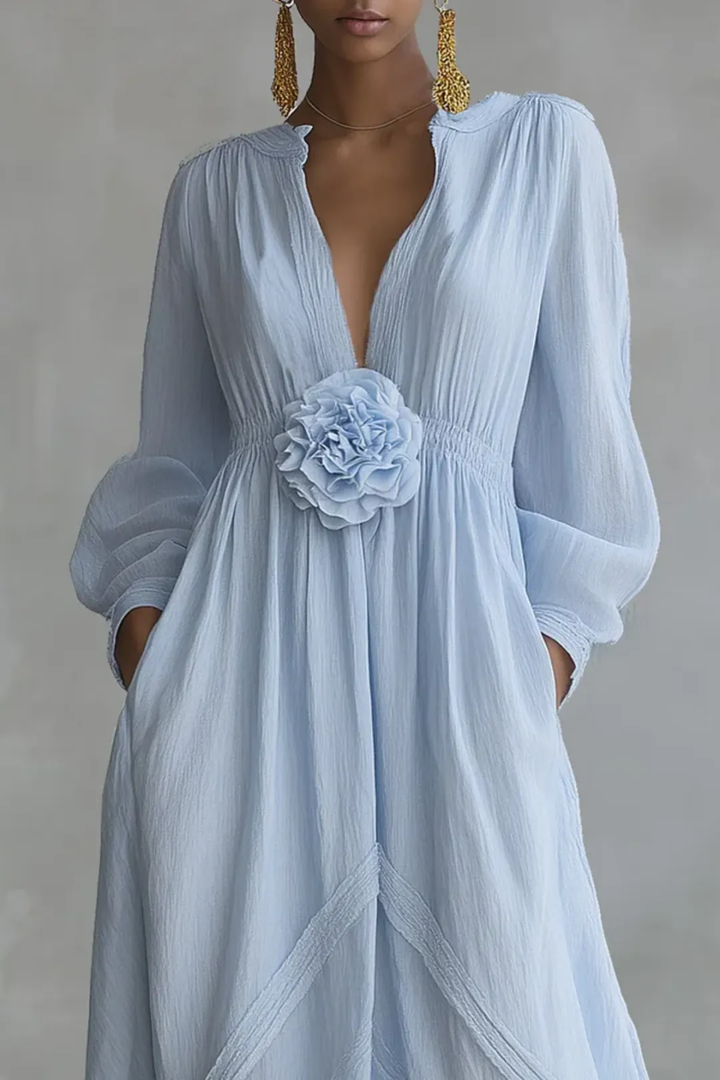 Seraline™ – Deep V-Neck 3D Floral Crinkle Maxi Dress with Pockets + 50% OFF