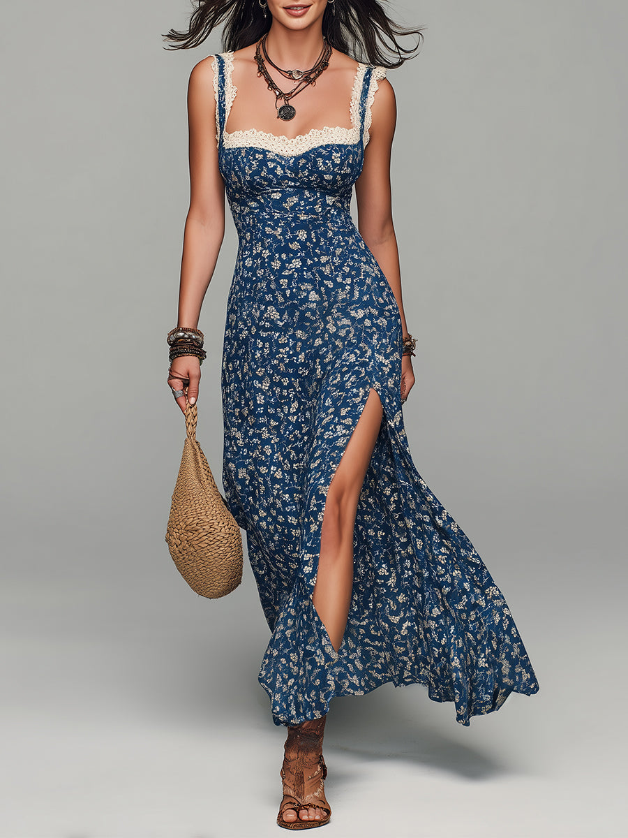 Verena™ – Lace-Trimmed Bias-Cut Floral Maxi Dress with Side Slit &amp; Pockets + 50% OFF