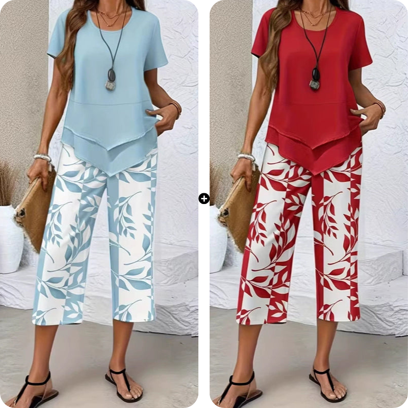 Olivelle™ – Layered Asymmetric Tunic &amp; Leaf-Print Capri Set + 50% OFF
