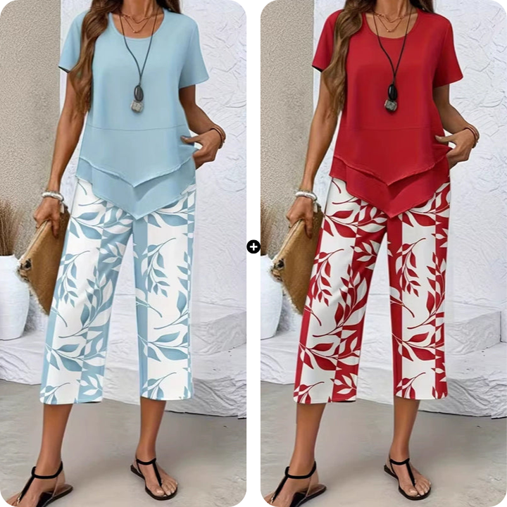 Olivelle™ – Layered Asymmetric Tunic &amp; Leaf-Print Capri Set + 50% OFF