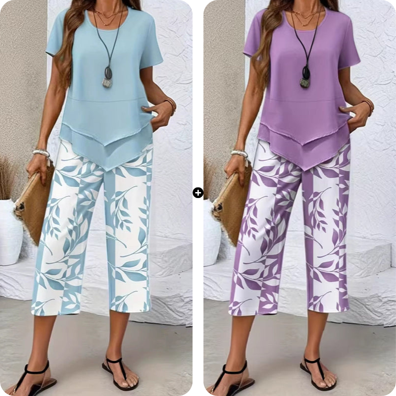 Olivelle™ – Layered Asymmetric Tunic &amp; Leaf-Print Capri Set + 50% OFF