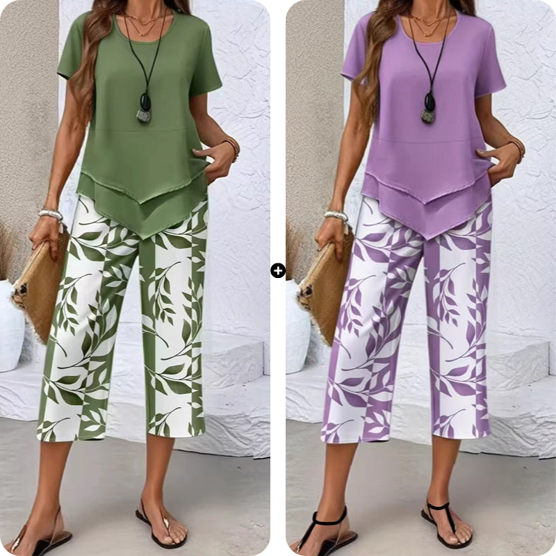 Olivelle™ – Layered Asymmetric Tunic &amp; Leaf-Print Capri Set + 50% OFF