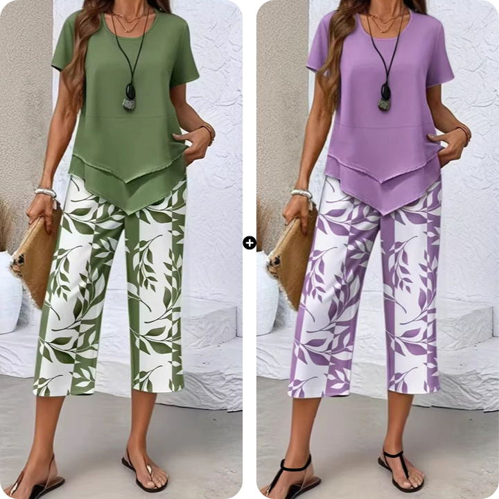 Olivelle™ – Layered Asymmetric Tunic &amp; Leaf-Print Capri Set + 50% OFF
