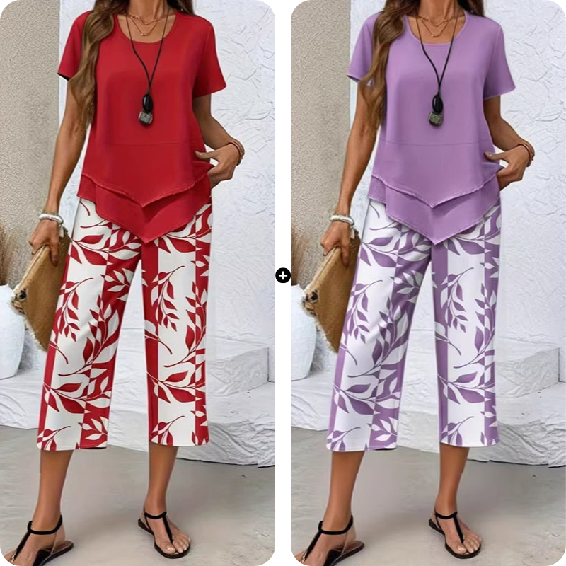Olivelle™ – Layered Asymmetric Tunic &amp; Leaf-Print Capri Set + 50% OFF