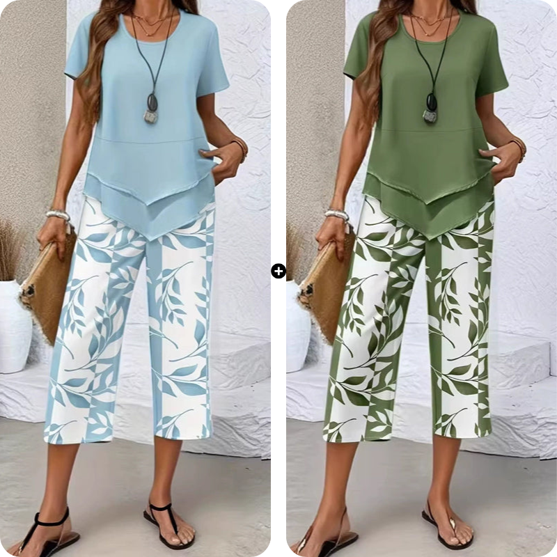 Olivelle™ – Layered Asymmetric Tunic &amp; Leaf-Print Capri Set + 50% OFF