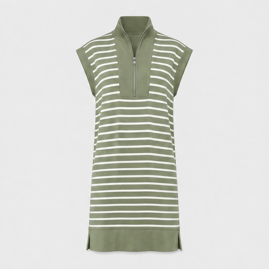 Belmare™ – Ribbed Knit Half-Zip Striped Cap-Sleeve Mini Dress with Pockets + 50% OFF
